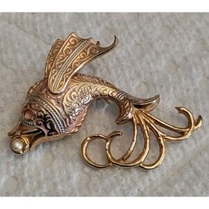 Spanish Damascene Flying Fish Brooch W/Faux Pearl Accent